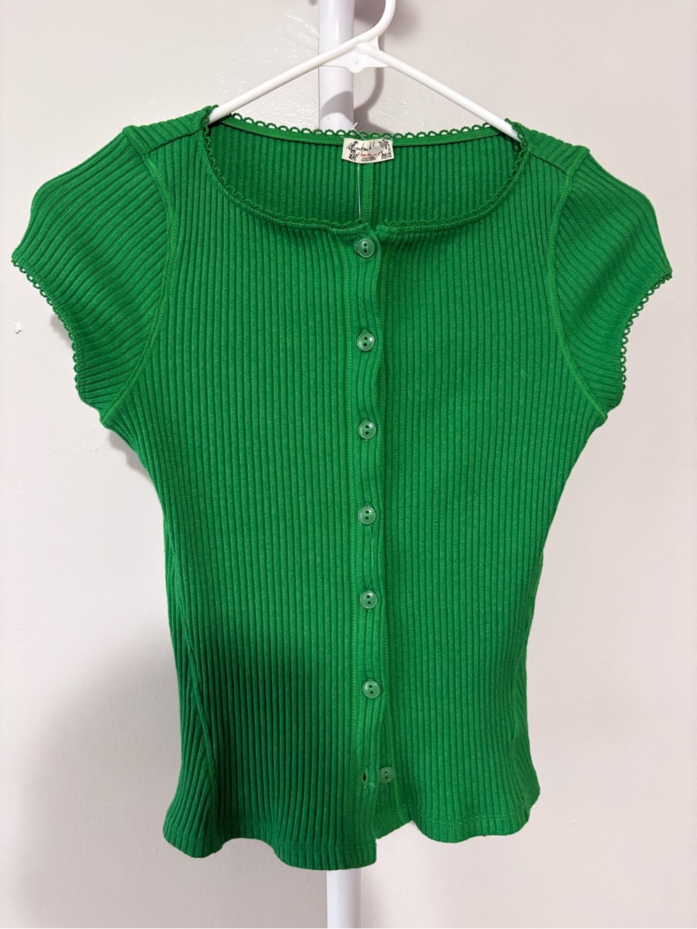 Free People Bright Green Ribbed Knit Tank with Picot Edge
